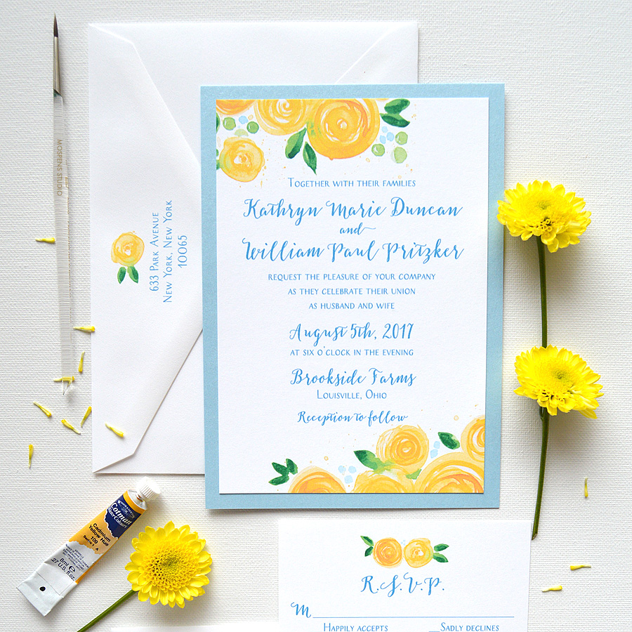 light blue and yellow wedding invitations