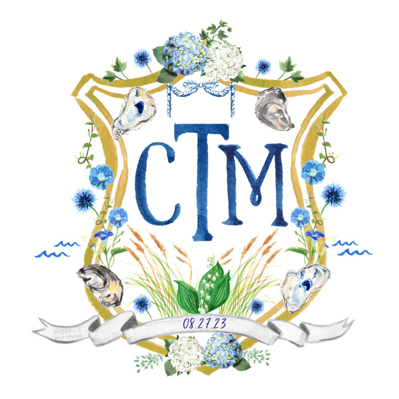 Custom illustrated watercolor wedding crest monogram by artist Michelle Mospens - Mospens Studio