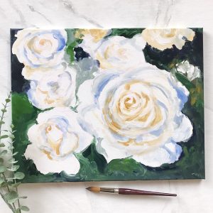 Original white roses floral painting by artist Michelle Mospens. | Mospens Studio