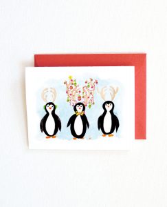 Handmade and watercolor penguins Christmas card set by artist Michelle Mospens. | Mospens Studio