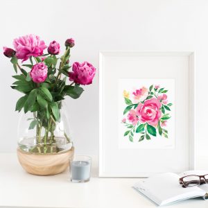 Hand painted pink roses and peony bouquet flower painting by artist Michelle Mospens. - www.mospensstudio.com