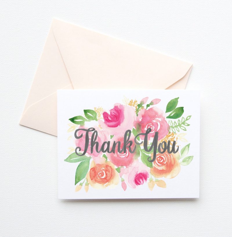 Floral watercolor bouquet thank you card by artist Michelle Mospens. - Mospens Studio