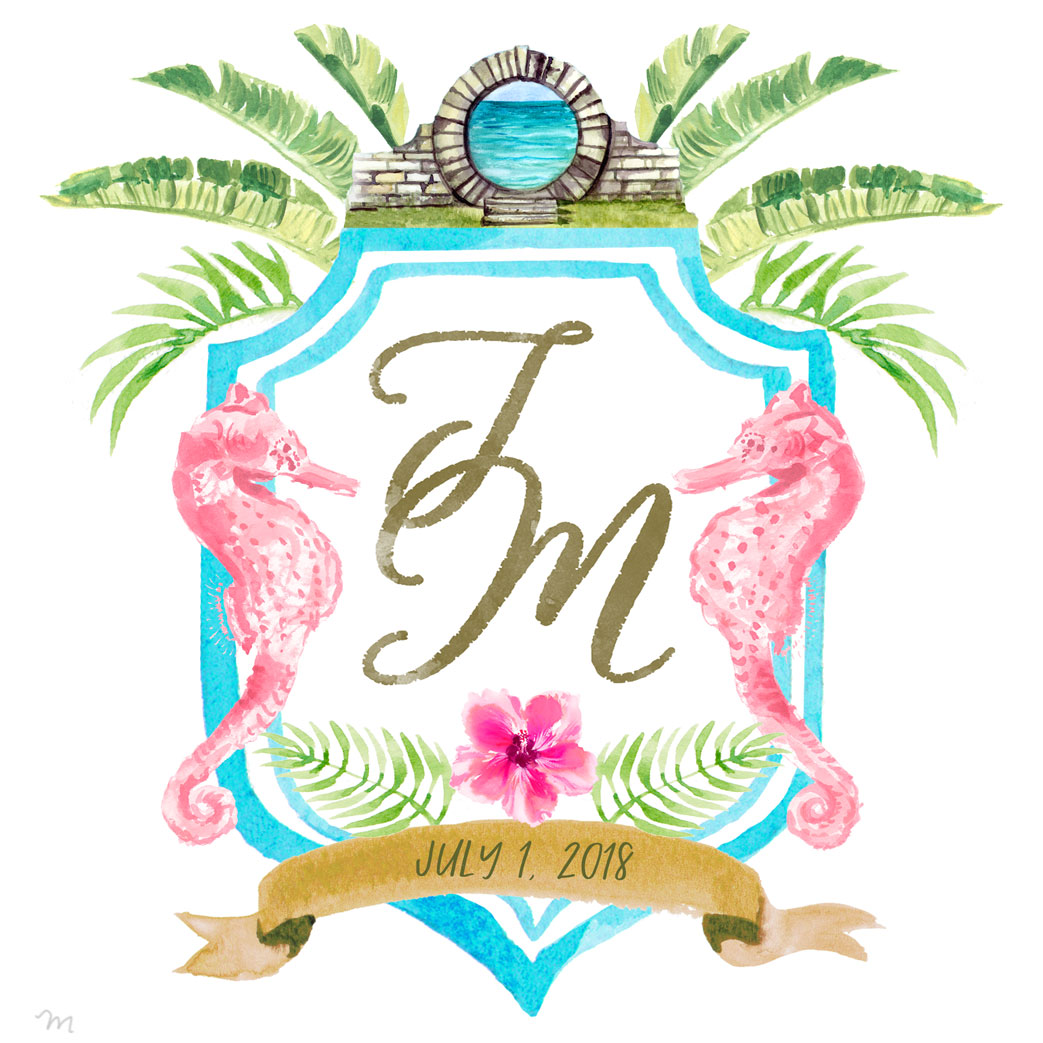 Hand Drawn Custom Crest Monogram, Coral, Sea, Ocean, Beach, Conch, Florida,  Bougainvillea, Indigo, Magenta, Fuschia, Hot Pink, Ginger Jar 