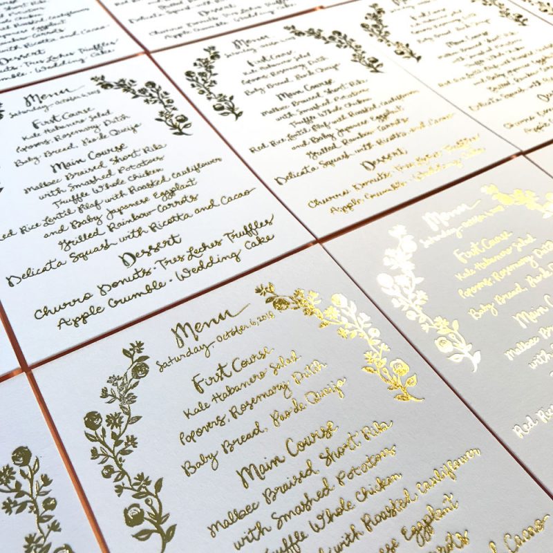 CURRENT PROJECT: ALEXIA & COLIN GOLD FOIL WEDDING MENUS – Mospens Studio