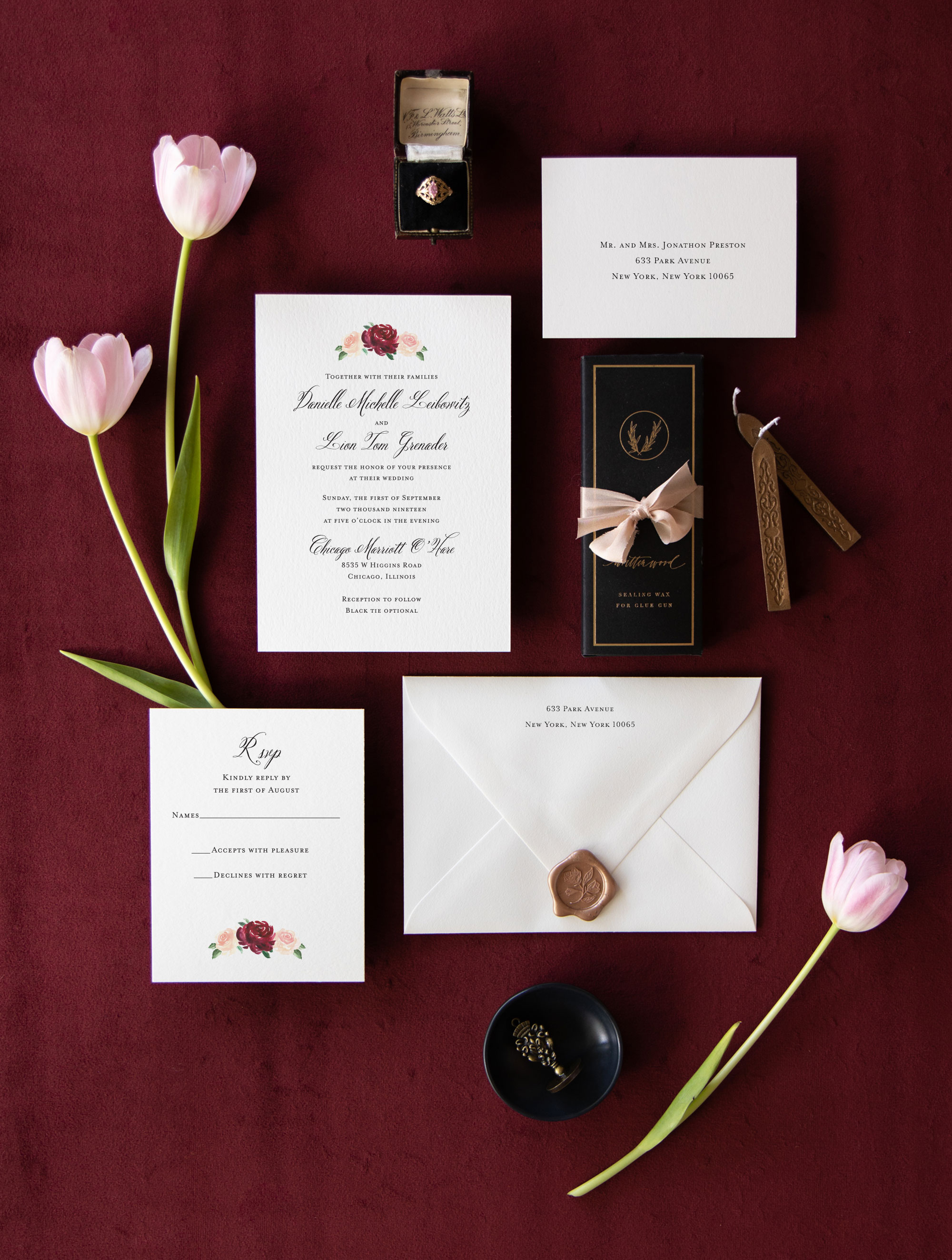 Fall Custom Wedding Invitation With Watercolor Burgundy Flowers 