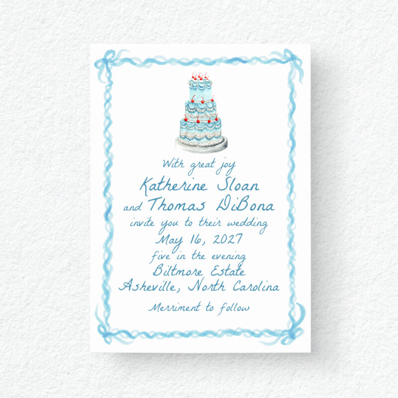 Blue Bows and Cherry Cake Watercolor Wedding Invitations