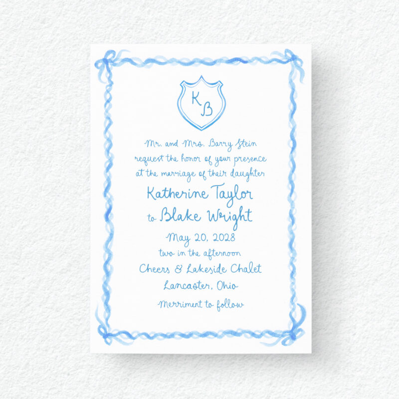 Fairy Tale Ribbon Crest Watercolor Blue Wedding Invitation